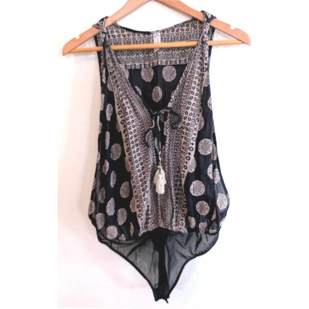 Free People Open Side Bodysuit Medallion Print Black Tan Tassel Boho Festival M
